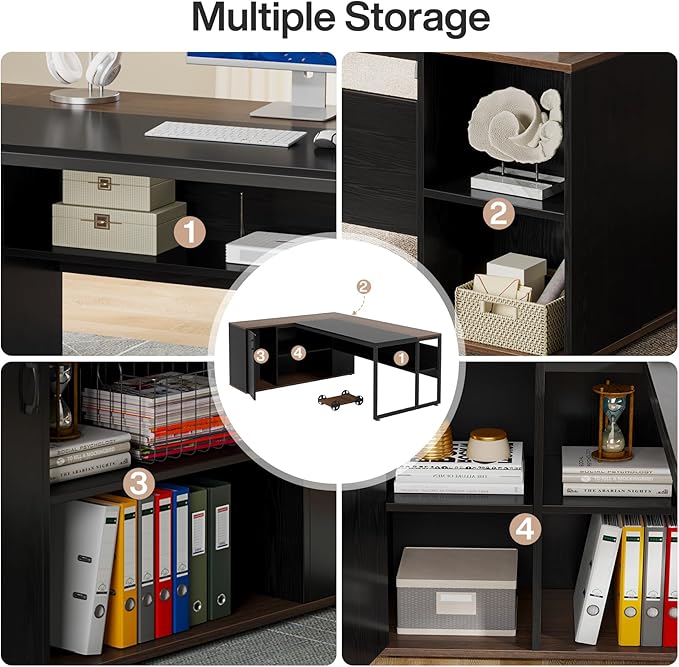 Tribesigns 71 inch Executive Desk L Shaped Desk with Cabinet Storage Executive Office Desk with Shelves Business Furniture Workstation for Home Office Black and Brown