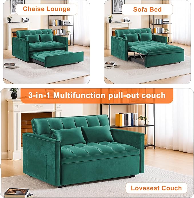 3 in 1 Convertible Sleeper Sofa BedFuton Pull Out Couch with Adjustable BackrestVelvet Fabric Loveseat Sofa with Side Pocket for Bedroom Living Room