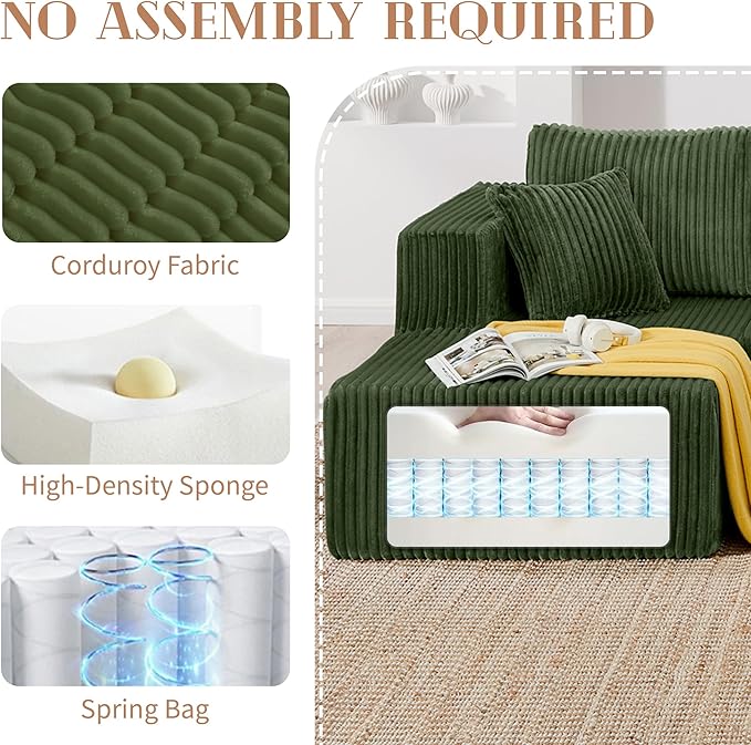 Cloud Couch U-Shaped Sectional Sofa 132.5'' Modular Boneless Couches for Living Room Corduroy Deep Seat Sofa with 2 Chaise Lounges and 1 Loveseat No Assembly Required (Green U Shape)