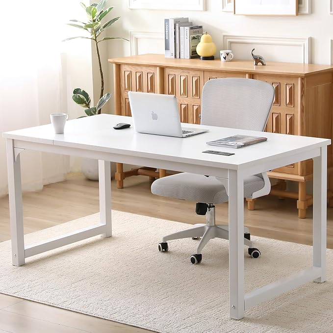Large Computer Desk - 63 Inch Home Office Desks Study Student Writing Table Gaming Desk Wood Modern Simple Table with USB Ports White