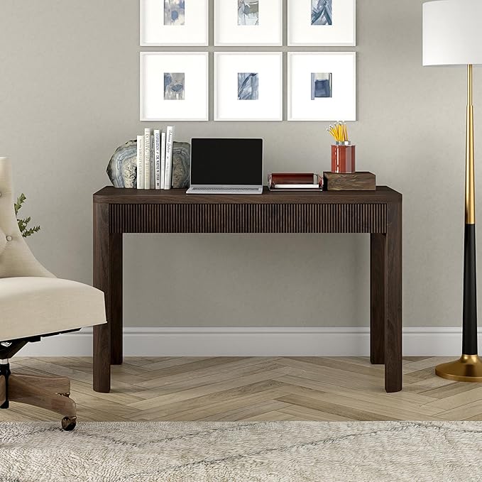 Henn&ampHart 48 Fluted Modern Rectangular Wooden Home Office Desk Computer Desk Writing Table with 2 Ribbed Storage Drawers for Bedroom Living Room or Home Office Warm Brown