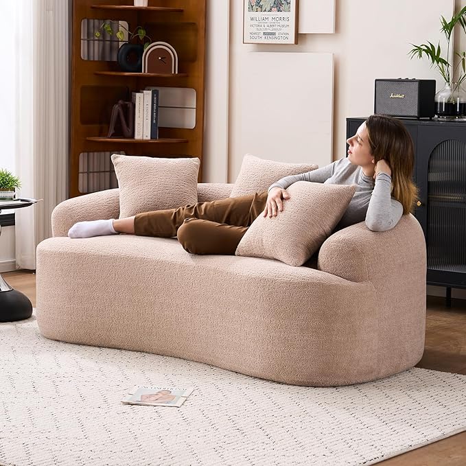 65 Curved LoveseatDeep Seat Cloud Floor Couch with 3 BackrestCozy Chenille FabricSmall Loveseat for Small SpacesBedroomOfficeApartment (Beige 65 Inch)