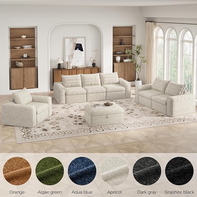 136 Modular Sectional Sofa with Deep Seat U-Shaped Cloud Couch for Living Room 4-Seater Boneless Sofa with 2 Ottomans Flexible Combination Modern Upholstery Sofa No Assembly Required Apricot