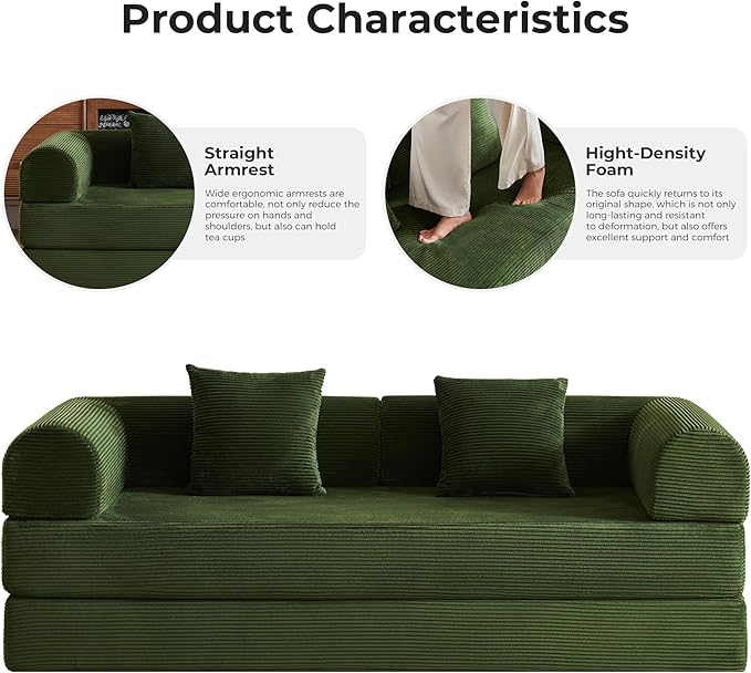 5-in-1 Reinforced Folding Sofa Bed | 79 Steel Support Frame with High-Resilience Memory Foam | Sturdy &amp No Tools Needed for Family Living Room (Green)