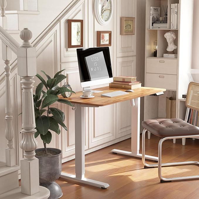 FEZIBO One-Piece Standing Desk Height Adjustable Stand up Home Office Desk 32x20 Inch Small Electric Standing Computer Desk with 4 Memory Presets Headphone Hook Light Rustic Top