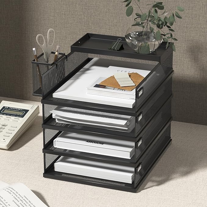 Stackable Letter Trays 4 Tier Metal Paper Tray &amp Desk Organizer Stackable File Trays for Office &amp Home Multi-Functional Document Tray with Fine Grid Design &amp Magnetic LabelsBlack