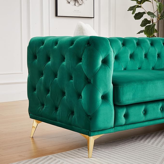 KEIKI 61 Luxury Oversized Velvet Chesterfield Sofa with 2 Pillows Mid-Century Style 2-Seater Tufted Buttons Couch with High-Density Foam Cushions Easy Assembly for Apartment Living Room Green