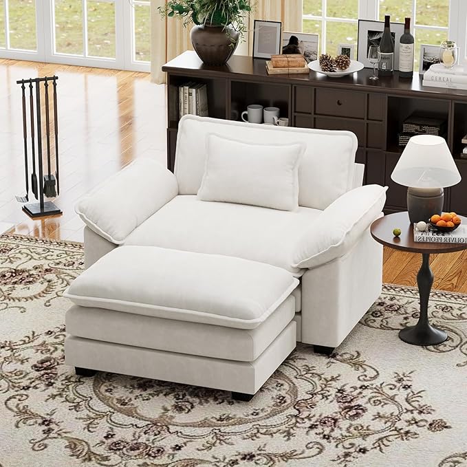 CDCASA 50'' Oversized Chair with Movable Ottoman Velvet Comfy Cloud Sofa Accent Chairs w/Large Seat and Armrests Modern Extra Wide Armchair Reading Chairs for Living Room DIY Combination Beige