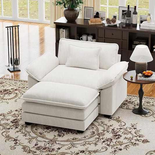 CDCASA 50'' Oversized Chair with Movable Ottoman Velvet Comfy Cloud Sofa Accent Chairs w/Large Seat and Armrests Modern Extra Wide Armchair Reading Chairs for Living Room DIY Combination Beige