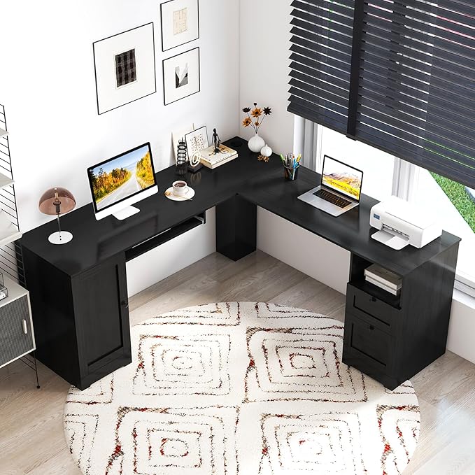 Giantex 66 L-Shaped Desk with Storage Drawers &amp Charging Station Spacious Corner Computer Desk with Keyboard Tray Adjustable Shelf Cabinet Huge Workspace Home Office Study Writing Desk (Black