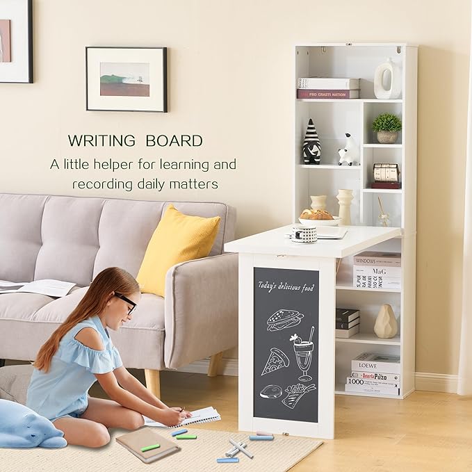 Folding Desk with StorageFoldable Convertible Writing table with Blackboard and ShelvesWall Mount Fold Out Table Cabinet  Space-Saving Murphy Desk Multi-Function Home Office Workstation (White)