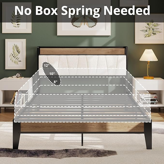 LIKIMIO Full Bed Frames Storage Headboard with Charging Station Solid and Stable Noise Free No Box Spring Needed Easy Assembly Wood and Cream