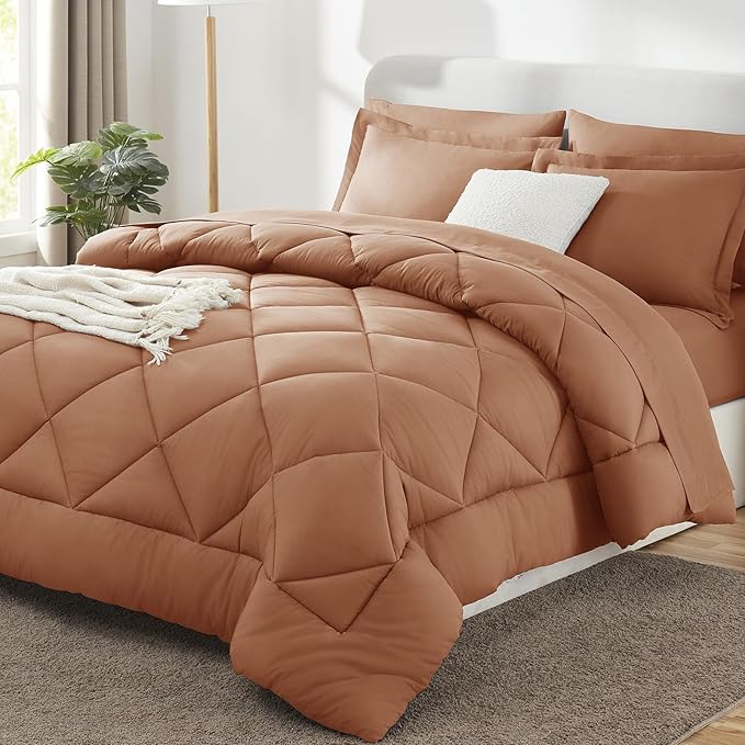 CozyLux Queen Comforter Set Pumpkin - Bed in a Bag Queen Size 7 Pieces Luxury Soft Bed Set for All Seasons Bedding Set with Down Alternative Comforter Sheets Pillowcases &amp Shams