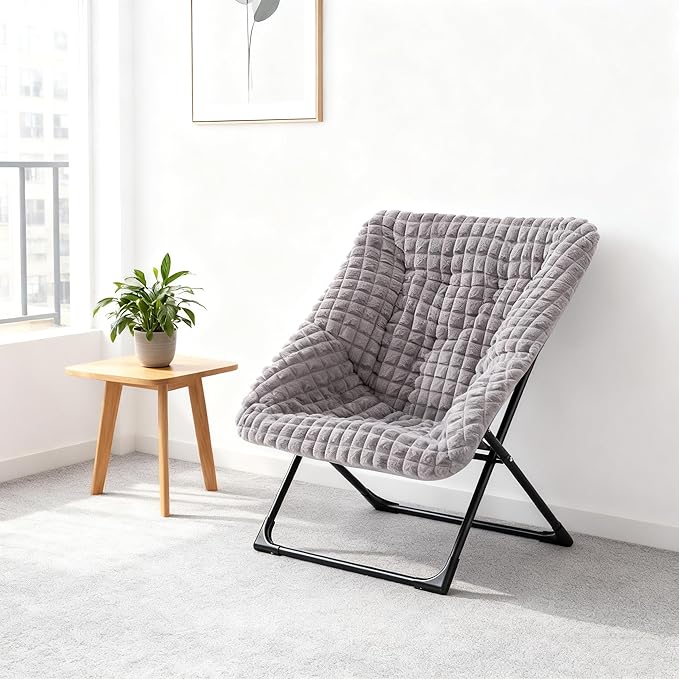 HollyHOME X-Large Saucer Chair Comfy Oversized Folding Chair Faux-Fur Reading Chair for Teens Adults Foldable Accent Lazy Chair Metal Lounge Chair for Living Room Bedroom Dorm Grid Blue&ampGr