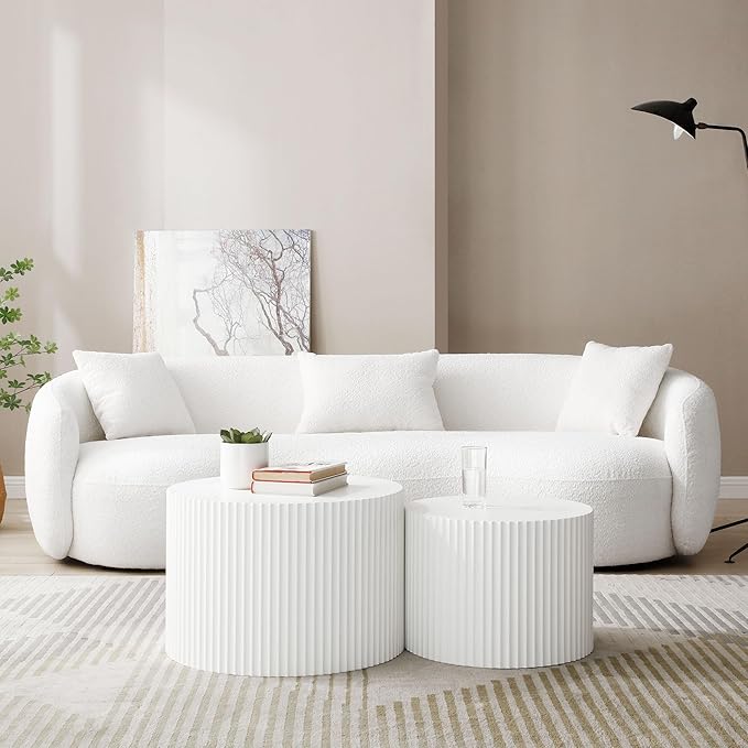WILLIAMSPACE 94 Modern Curved Sofa Back Upholstered Boucle Couch with 3 Throw Pillows 3-Seat Boucle Fabric Couch for Living Room Office Apartment White