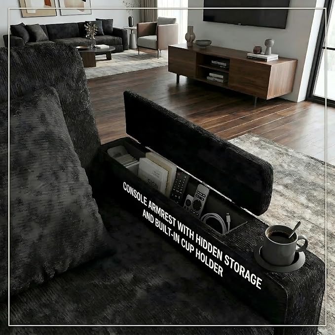 81 Modular Sectional Sofa L Shaped 5-Seater Sleeper Sofa with Pull Out Bed Hidden Storage Cup Holders &amp USB Charging Ports Sectional Couches for Living Room Chenille Black