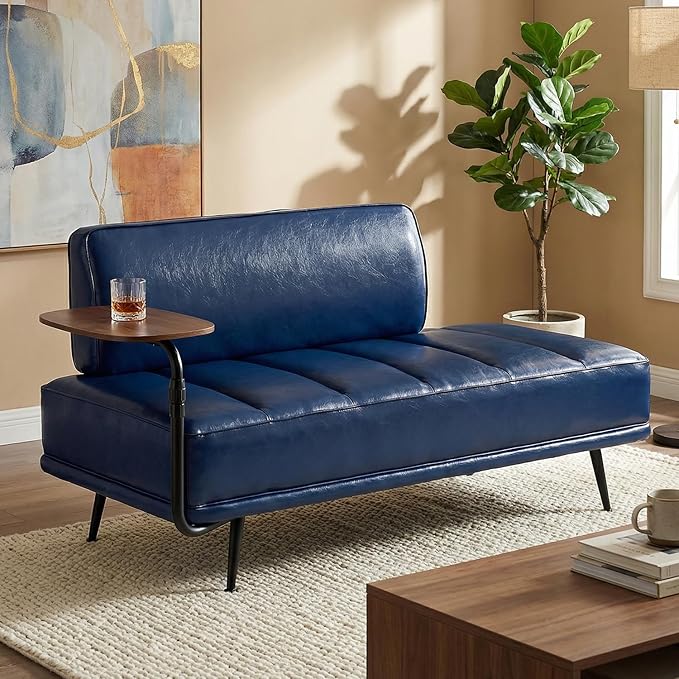 55 Faux Leather Upholstered Sofa Entryway Ottoman Modern End of Bed Bench with Side Table 360-degree Swivel Tray Couch Window Bench with Metal Legs for Bedroom Living Room (Blue)