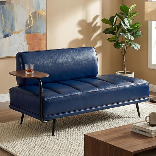 55 Faux Leather Upholstered Sofa Entryway Ottoman Modern End of Bed Bench with Side Table 360-degree Swivel Tray Couch Window Bench with Metal Legs for Bedroom Living Room (Blue)