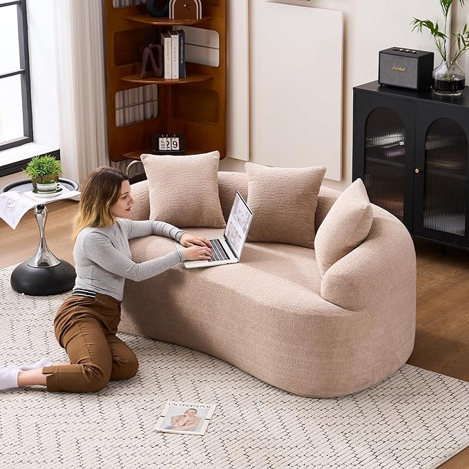 65 Curved Loveseat for Small SpacesBoneless Loveseat SofaWood Grain Chenille Fabric No Installation Requirement Curved Sofa Couch for ApartmentLiving RoomOffice (Apricot 65)