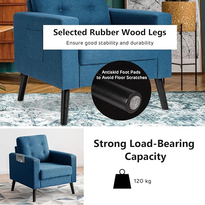 Giantex Modern Accent Chair Mid-Century Upholstered Armchair Club Chair with Rubber Wood Legs Patented Linen Fabric Single Sofa for Living Room Bedroom Office Navy