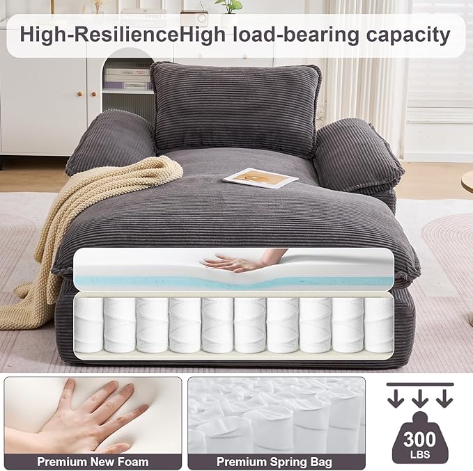 GNIXUU 67 Oversized Chaise Lounge Chair Indoor Corduroy Upholstered Boneless Sleeper Sofa Bed Comfy Large Reading Chair with Wide Armrests Plush Cloud Couch for Living Room Bedroom Gray