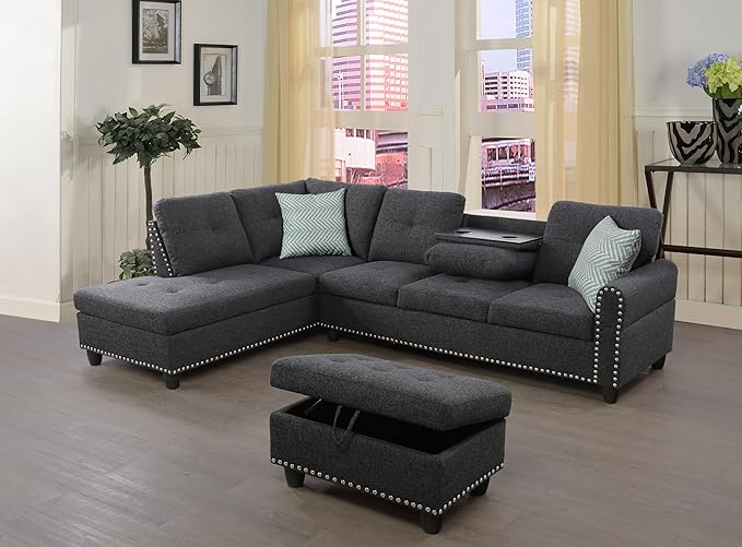Wakefit Sectional Sofa Couch Modern 4-Seaters Living Room Furniture Sets with Chaise Lounge Ottoman &amp 2 Pillows | L Shape Couch | Cup Holder | Linen Fabric Charcoal Gray