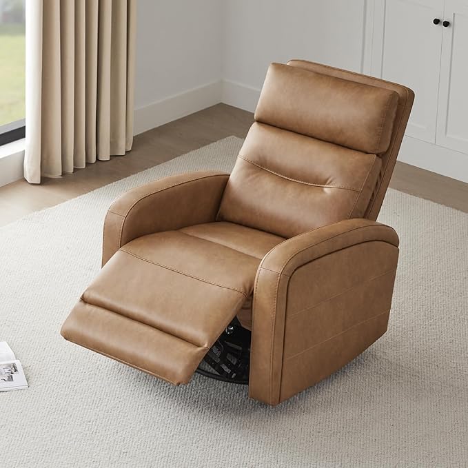 Watson &amp Whitely Swivel Power Recliner Glider Rocker Small Recliner with Charging Port for Living Room Faux Leather in Camel