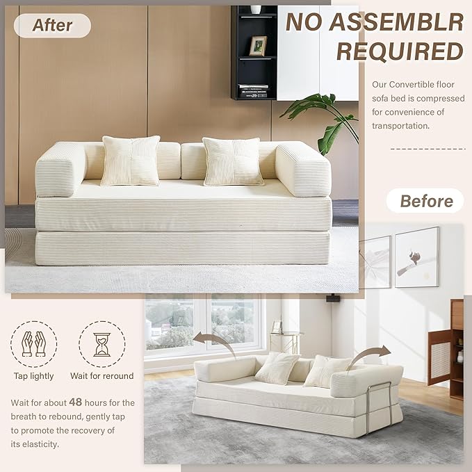 Compression Sofa - 78''Convertible Floor Sofa Bed - with Pillow Back Support Armrest - Comfy Foldable Sofa Bed Compressed Sofa in Box - Corduroy Fabric - for Living Room Bedroom - Ivory