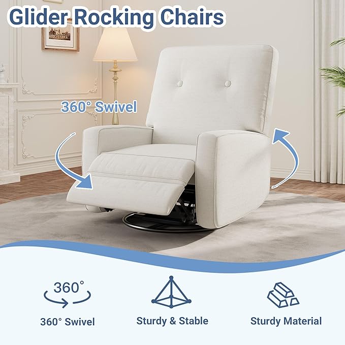GarveeHome Recliner Chairs Swivel Rocker Recliner Glider Recliner Nursery Chair Recliner Chair for Adults 360°Swivel Glider Rocking Chair for Living Room Bedroom Office Linen White