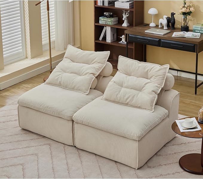 2 Seats Modular Sectional Couches with Neck Pillow &amp Backrest Corduroy Armless Upholstered Loveseat Sofa Chair for Living Room Apartment At Will DIY (Beige)