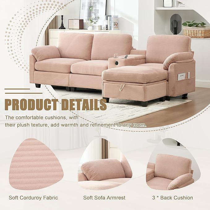 KEIKI 105 L-Shaped Oversized Corduroy Modular Sectional Sofa with 1 Ottoman and Multi Functional Console 4-Seater Upholstered Couch with USB and 2 Cup Holder Easy Assembly for Living Room Pink