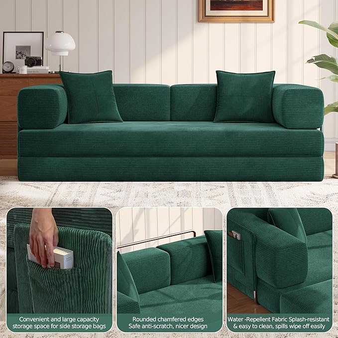 MoonSpeak 78.8''Sleeper Couch Bed for LivingroomConvertible Modular Sofa with Armrest PillowModular Foldable Corduroy Couches in a BoxNo Assembly (Emerald Green)