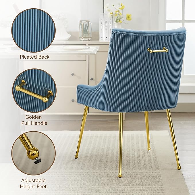 Velvet Dining Chairs Set of 6 Gold LegsUpholstered Velvet Accent Chairs Pleated Back Design &amp Gold Pull Handle Mid Century Modern Chairs for Dining/Kitchen/Living RoomLight Blue