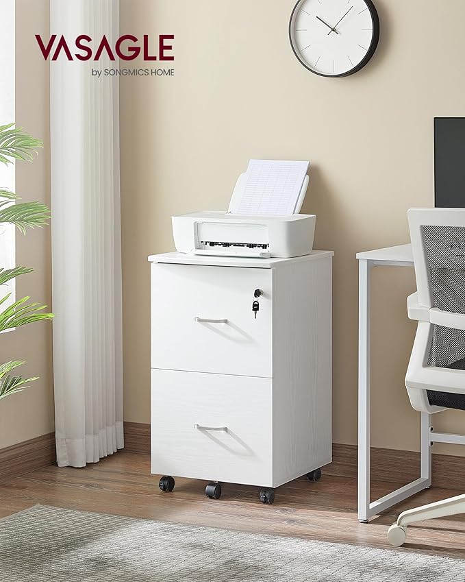 VASAGLE 2-Drawer File Cabinet Locking Filing Cabinet for Home Office Small Rolling Printer Stand A4 Letter-Size Hanging Files Assembly Required Snow White ULCD027T46V2