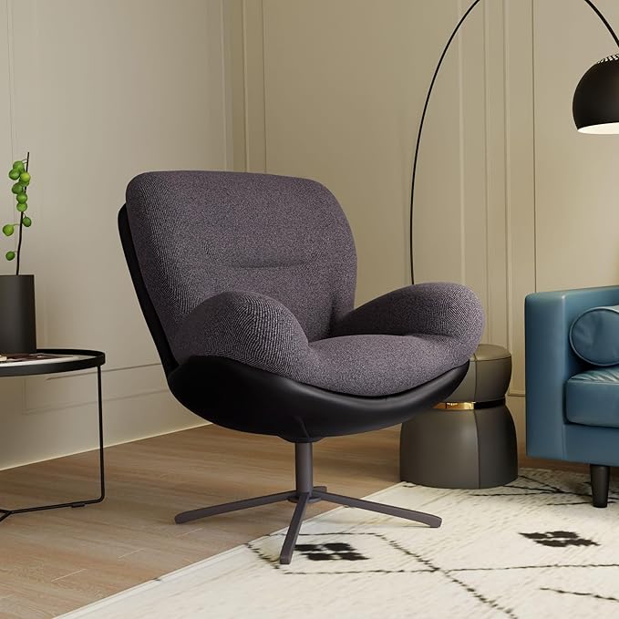 360° Swivel Office Chair Modern Chenille Chair with Faux Leather and Black Metal Base e No Wheels Accent Chair for Small Spaces Living Room Bedroom Reading Corner Office Dark Gray
