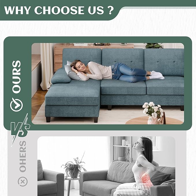Vongrasig Sectional Couch for Living Room U-Shaped Sofa with Chaise 4-seat Large Sectional Modern Couches for Living Room Apartment (Blue)