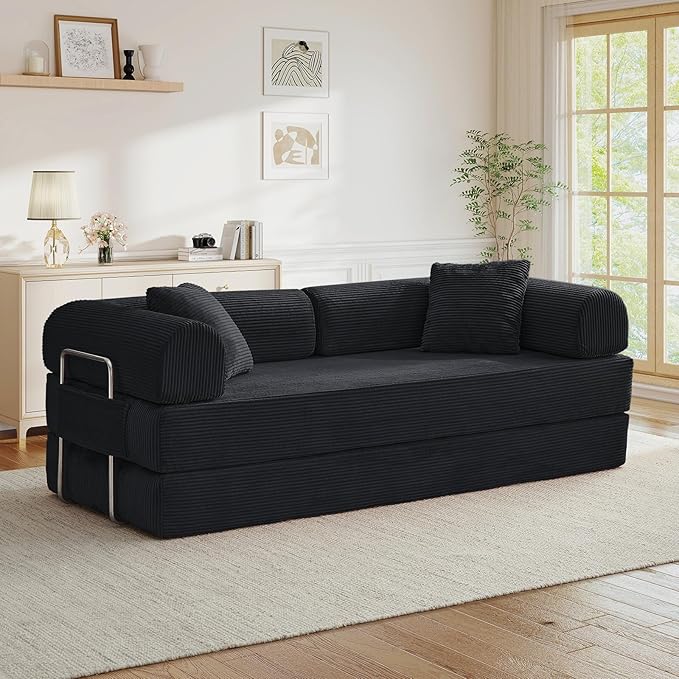 Antetek Modular Couch Bed Convertible Folding Plush Corduroy Comfy Floor Compression Loveseat Sleeper Sofa Couch King Size Bed for Guest Room Living Room Bedroom No Assembly Required Dark Black