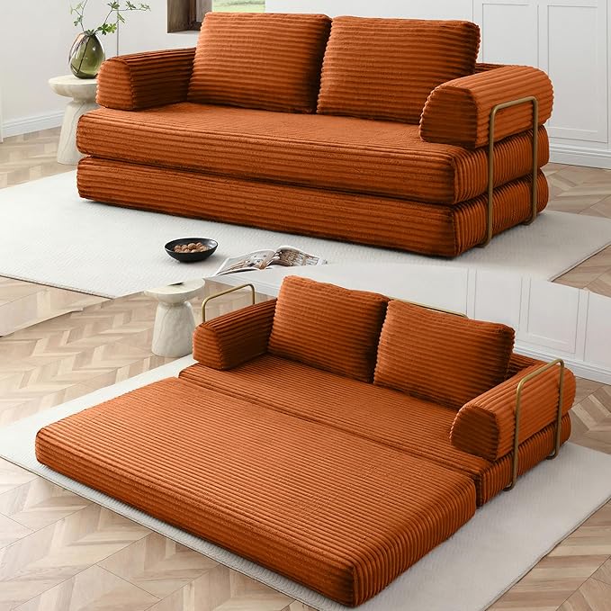 80 Convertible Sofa Bed Modern Corduroy Sleeper Sofa Folding Floor Couch with Golden Fixed-Shape Frame Orange Boneless Loveseat Sofas Bed for Living Room Bedroom No Assembly Needed