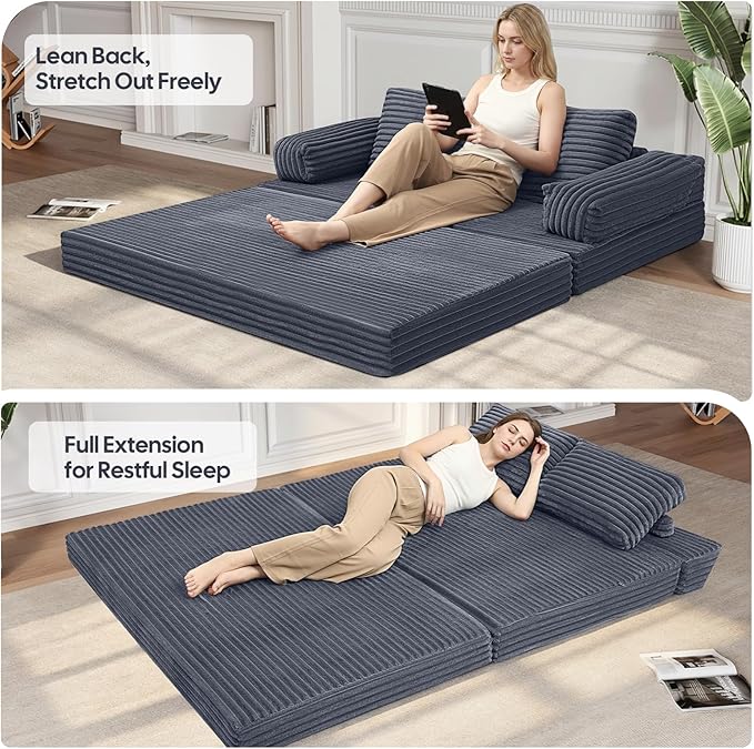 MeMoreCool Convertible Sofa Bed Folding Floor Couch Bed Queen Pull Out Sleeper Couch with Pillows Fold Out Futon Sofa for Bedroom Living Room Small Space Corduroy Grey