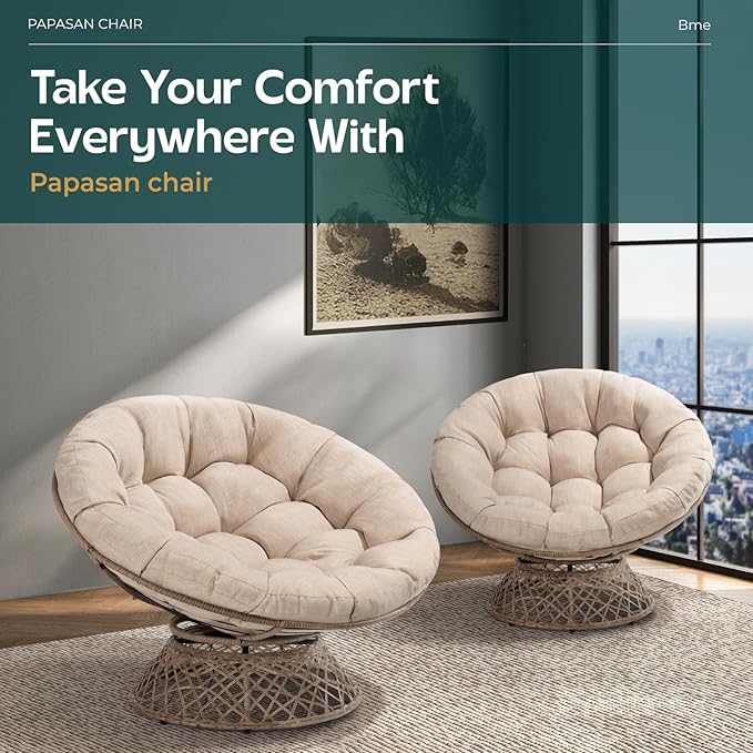 Bme 46 Large Size Ergonomic Wicker Papasan Chair with Soft Thick Density Fabric Cushion Bee-Designed Base High Capacity Steel Frame 360 Degree Swivel for Living Bedroom...