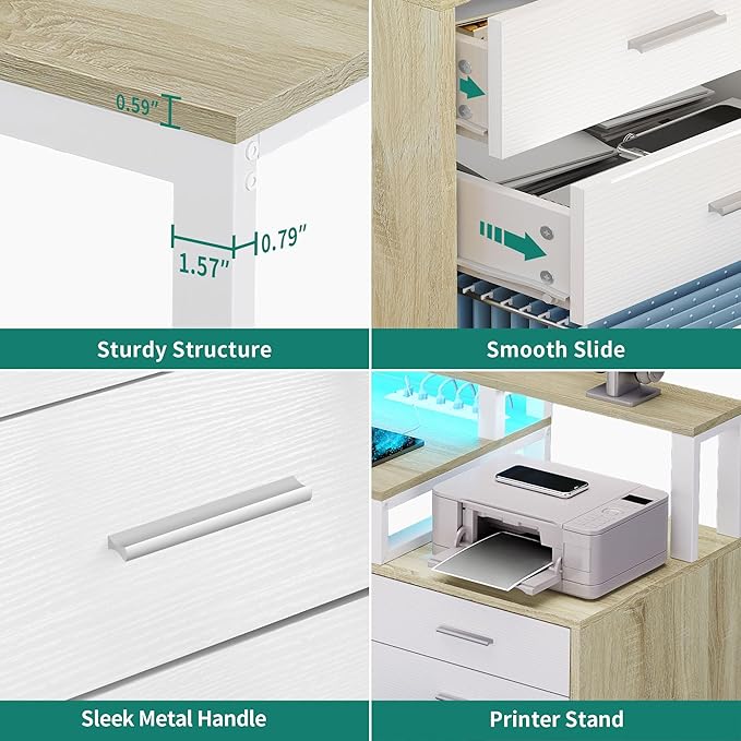 YITAHOME L Shaped Desk with 3 Drawers 65 Corner Computer Desk with Power Outlets &amp LED Lights L-Shaped Desk with File Cabinet &amp Printer Stand for Home Office White &amp Oak