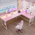 Pamray 64 Inch L Shaped Gaming Desk with Power Outlets and Led Lights Large Corner Computer Desk with Monitor Stand and Pegboard PC Table for Home Office and Bedroom Pink