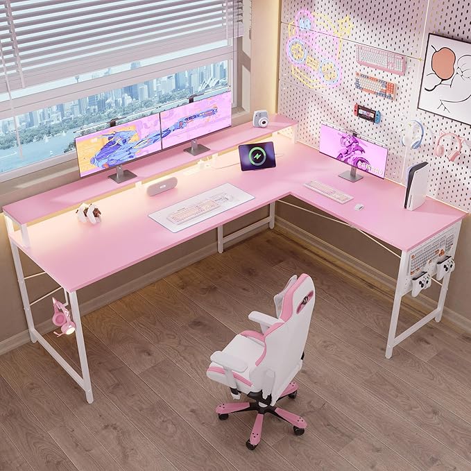 Pamray 64 Inch L Shaped Gaming Desk with Power Outlets and Led Lights Large Corner Computer Desk with Monitor Stand and Pegboard PC Table for Home Office and Bedroom Pink