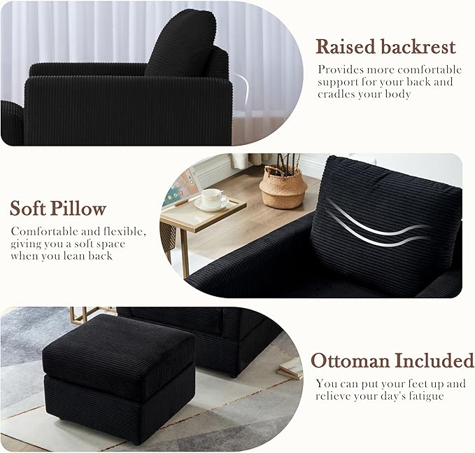 Aoiy &amp Wifon Accent Chair with Ottoman Upholstered Reading Chair with Ottoman Comfy Armchair with Wooden Legs Corduroy Black