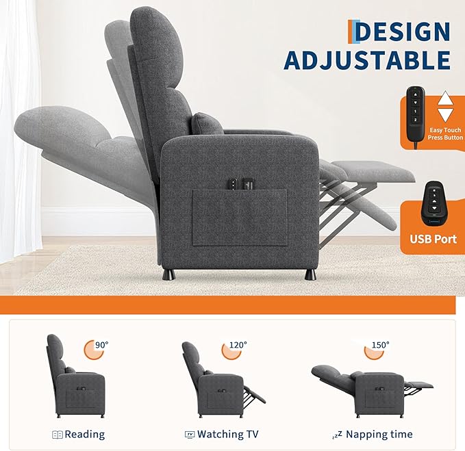 GarveeHome Power Recliner Chair Adjustable Electric Recliner Ergonomic Overstuffed Single Sofa Tall Back Padded Seat 2 Side Pockets and USB Port Home Theater Seating for Living Room
