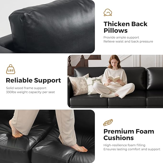 ABCASA Modular Sectional Loveseat Sofa Couch with Storage Seats 3 Seater L Shaped Couch with Movable Ottoman for Small SpacesBlack