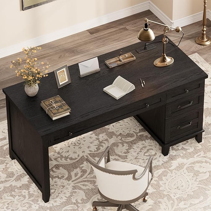 IDEALHOUSE Rustic Wood Double Desk with Built-in Charging Station &amp 4 File Drawers Spacious 2-Person Writing Table for Home Office Heavy-Duty Dual Workstation for Study &amp Work Black