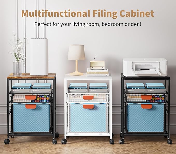 Marbrasse Rolling File Cart with Handle Mobile File Cabinet on Lockable Wheels Office Filing Cabinet Organizer Printer Stand with Hanging File Folder Organizer for Home Office - White