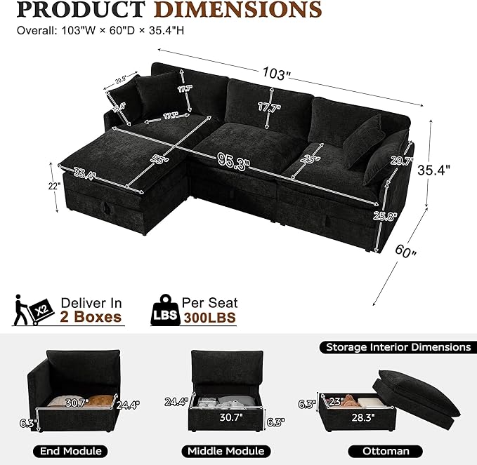 Ihanherry 103 Modular Sectional Sofa with Storage L Shaped Cloud Couch with Movable Ottomans &amp 4 Pillows Chenille Deep Seat Sectional Couches for Living Room Apartment (Black)