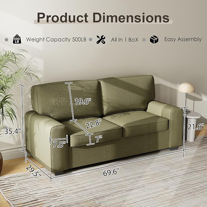 69.6 Modern Loveseat Sofa with Chenille Fabric - Deep Seat 2-Seater Couch Spring Cushion &amp Sturdy Metal Frame Cozy Small Sofa for Living Room Bedroom Office Apartment (Green) | Loveseat Sofa